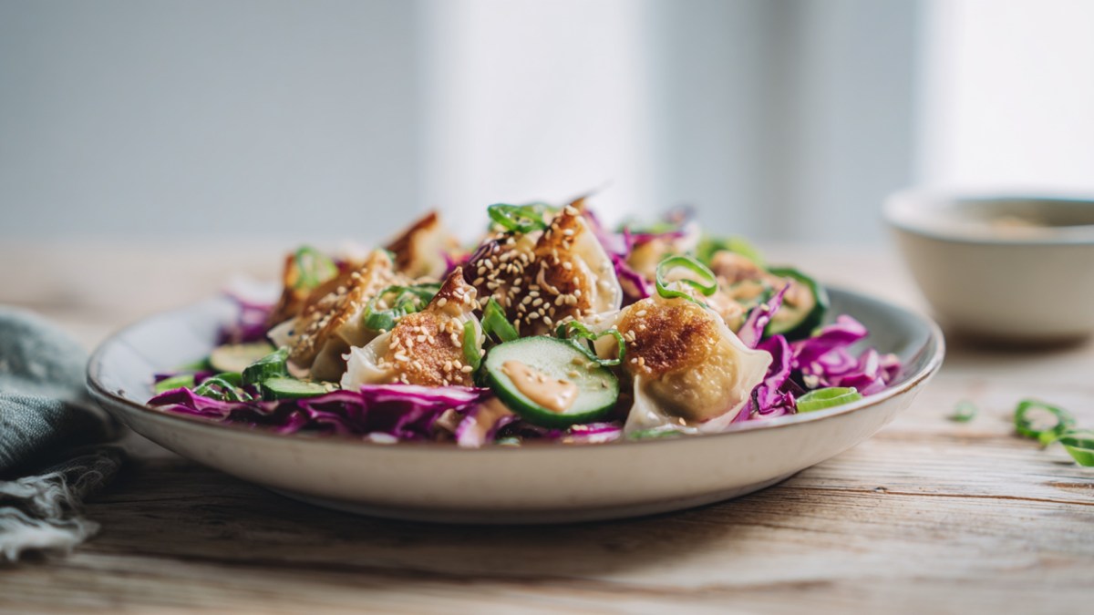 Ein Teller mit Gyoza-Salat, der auf einem Holztisch steht. Im Hintergrund kann man ein Schale mit Dressing erahnen.