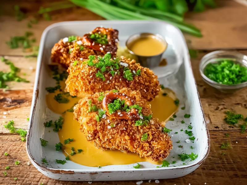 Ein Tablett mit Hähnchen mit Brezelkruste und Honig-Senf-Soße, daneben steht ein Schälchen mit Petersilie.