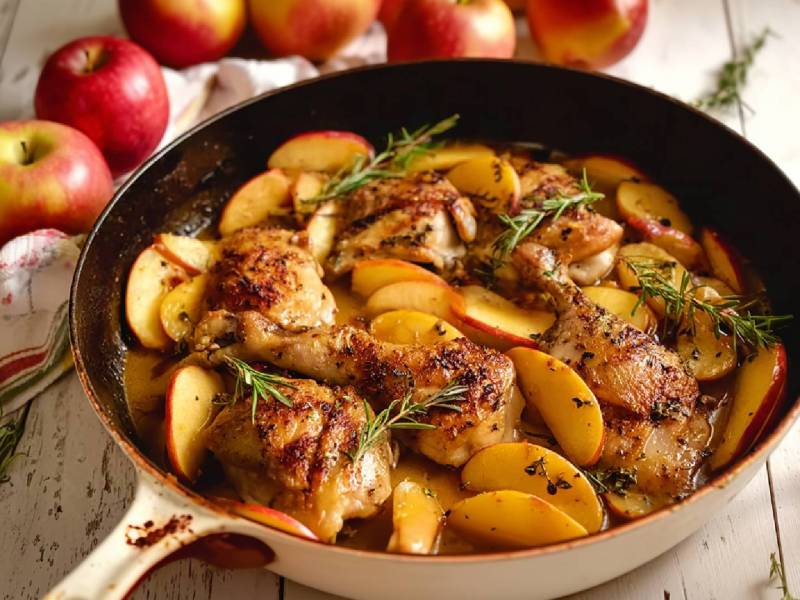 Pfanne mit Hähnchenschenkel in Apfelweinsoße