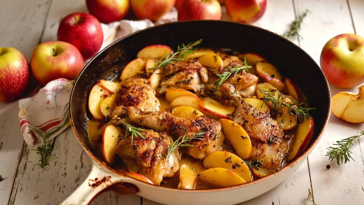 Pfanne mit Hähnchenschenkel in Apfelweinsoße