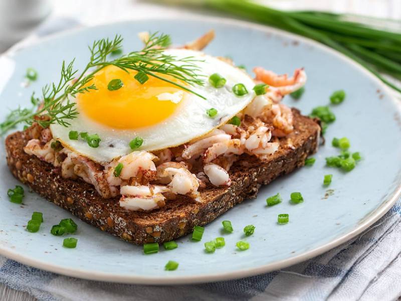 Teller mit einem Halligbrot mit Krabben und Spiegelei