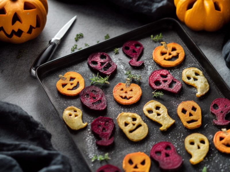 Buntes Halloween-Ofengemüse auf einem Backblech.