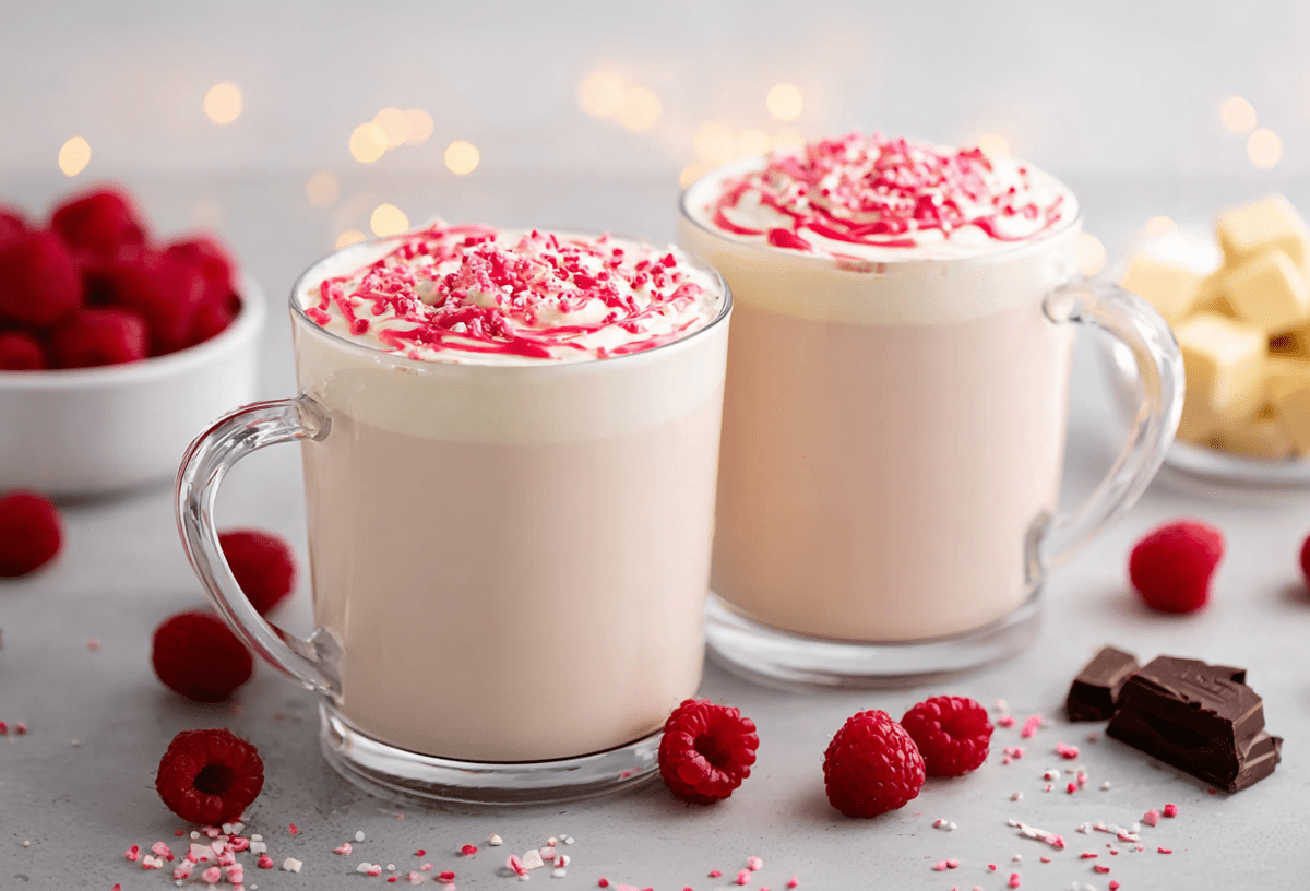 Zwei Gläser heiße weiße Schokolade mit Himbeeren. Frische Himbeeren und Schokolade liegen als Deko außen herum.