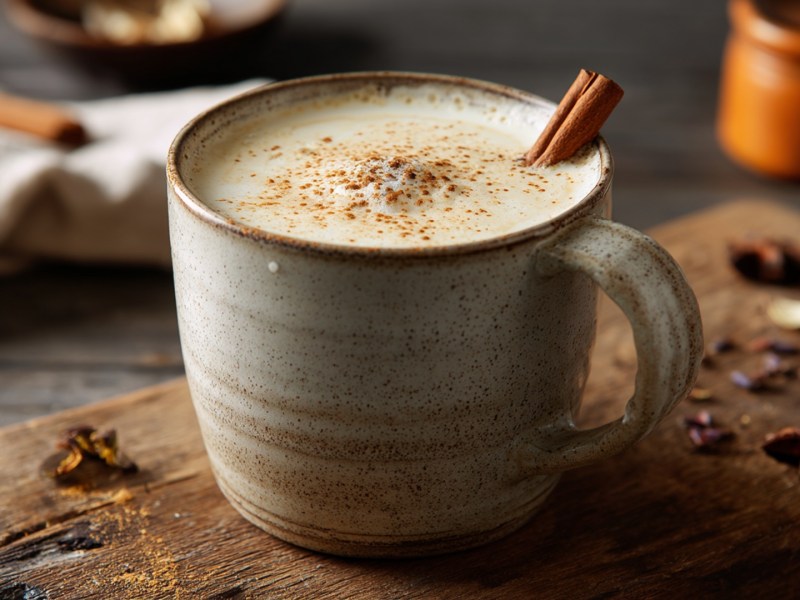 Eine Tasse heiße weiße Schokolade mit Pumpkin Spice, die mit einer Zimtstange dekoriert und mit etwas Muskatnuss bestreut ist. Ringsum kann man Sternanis und andere Gewürze erkennen.