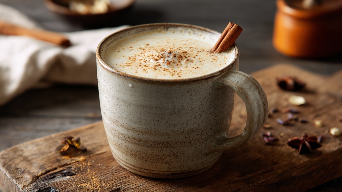 Eine Tasse heiße weiße Schokolade mit Pumpkin Spice, die mit einer Zimtstange dekoriert und mit etwas Muskatnuss bestreut ist. Ringsum kann man Sternanis und andere Gewürze erkennen.