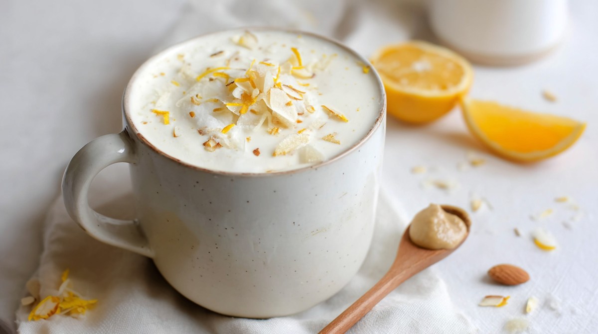 Eine Tasse heiße weiße Schokolade mit Orangen und Mandel, die mit Orangenabrieb und Mandelblättchen garniert ist. Daneben liegt ein Holzlöffel mit Mandelmus. Außerdem ist eine halbe Orange sowie ein Orangenschnitz zu sehen.