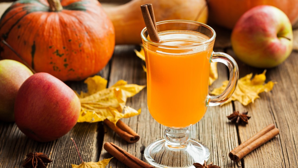 Ein oranges Herbst-Getränk mit einer Zimtstange darin. Drumherum liegen Äpfel, Kürbisse und bunte Blätter.