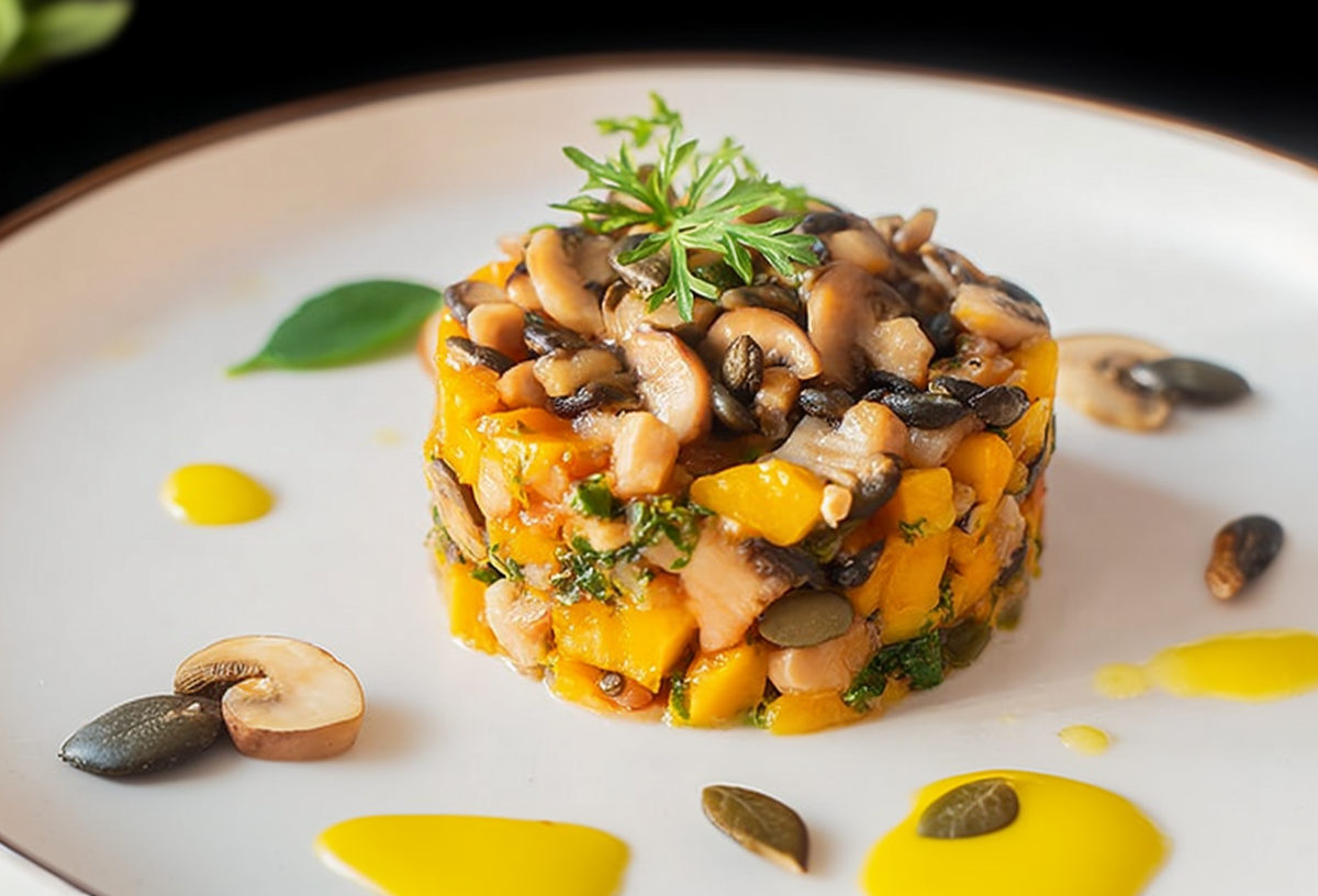 Ein Teller mit Herbst-Tatar mit Kürbis und Pilzen.