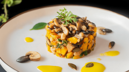 Ein Teller mit Herbst-Tatar mit Kürbis und Pilzen.