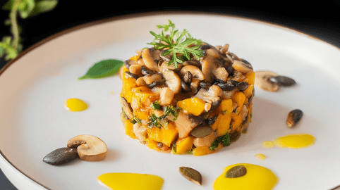 Ein Teller mit Herbst-Tatar mit Kürbis und Pilzen.