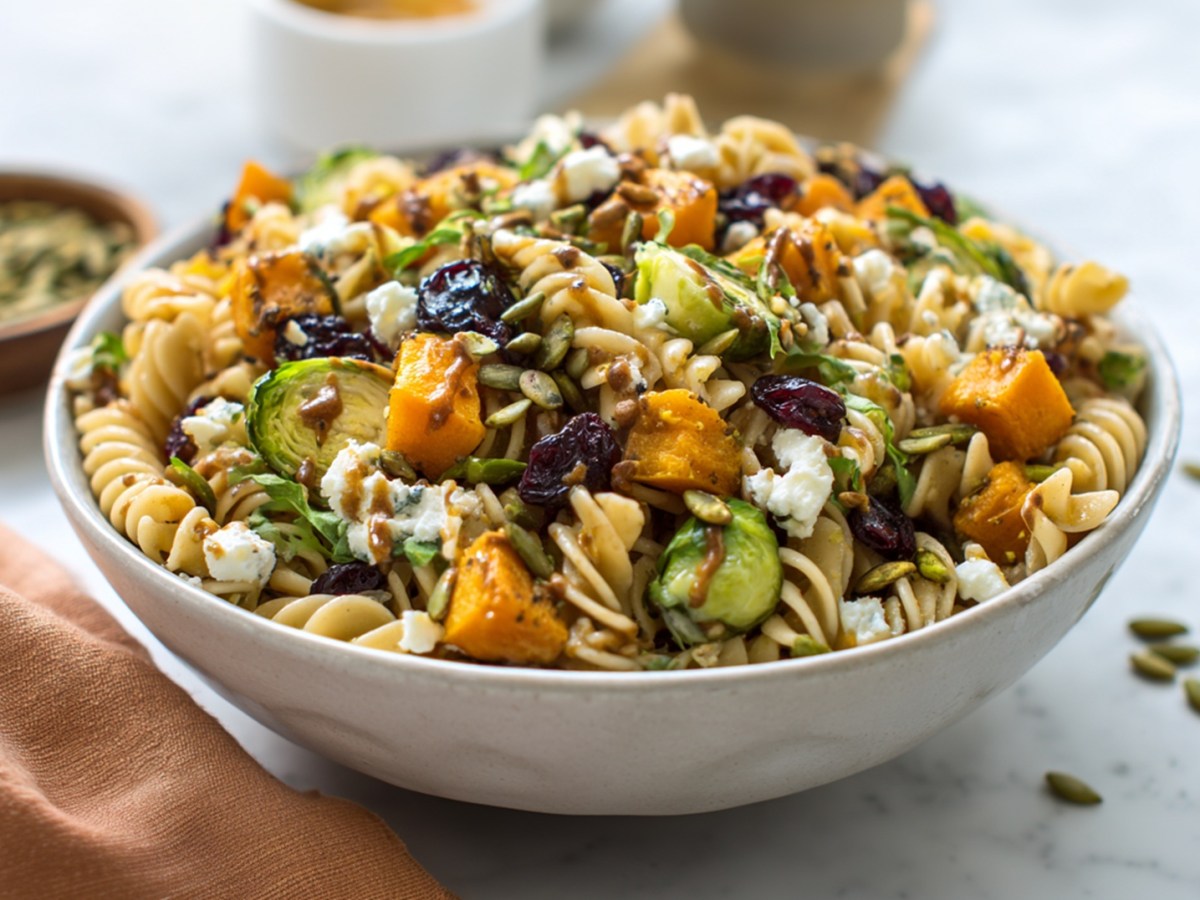 Eine Schüssel mit herbstlichem Nudelsalat mit Kürbis und Cranberrys. Links daneben liegt ein oranges Tuch drapiert. Rechts liegen ein paar Kürbiskerne verstreut. Im Hintergrund steht eine kleine Schale mit Kürbiskernen.