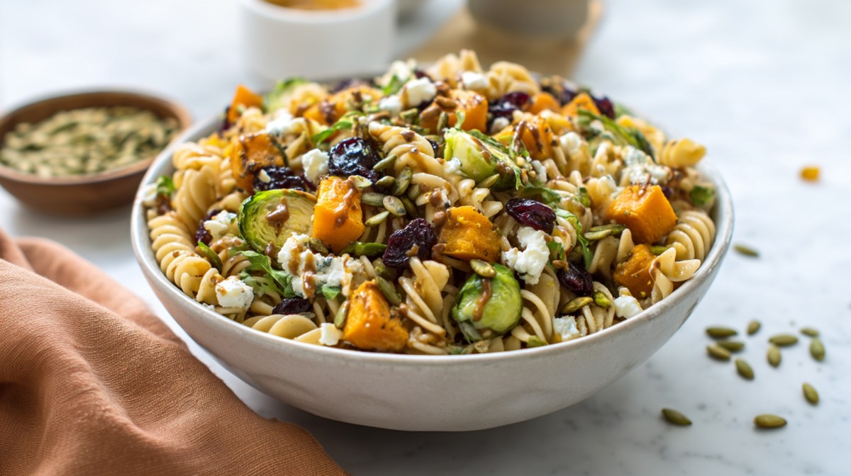 Eine Schüssel mit herbstlichem Nudelsalat mit Kürbis und Cranberrys. Links daneben liegt ein oranges Tuch drapiert. Rechts liegen ein paar Kürbiskerne verstreut. Im Hintergrund steht eine kleine Schale mit Kürbiskernen.