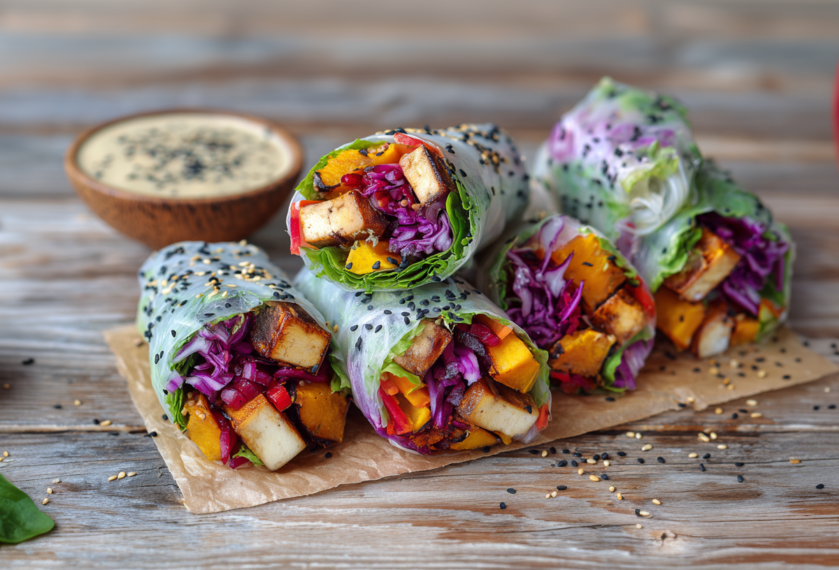Fünf Herbstrollen liegen auf einem kleinen Stück Backpapier auf einem Holztisch. im Hintergrund sieht man einen Dip.
