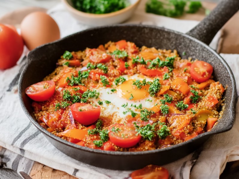 Hirse-Shakshuka in einer Pfanne.