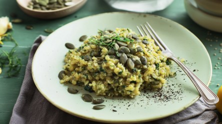 Ein Teller Hirsotto mit Kürbiskernen. Eine Gabel liegt mit auf dem Teller.