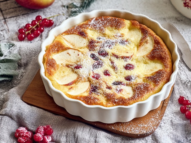Ein Hüttenkäse-Grieß-Auflauf mit Äpfeln.