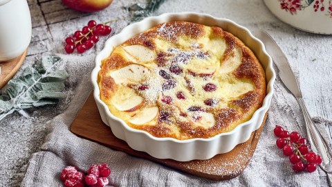 Ein Hüttenkäse-Grieß-Auflauf mit Äpfeln.