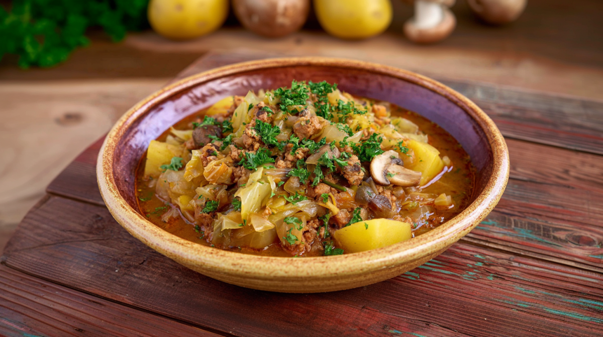 Jägertopf in einer rustikalen, braunen Keramikschüssel. Im Hintergrund sieht man von links nach rechts Petersilie, Kartoffeln, und Pilze. Die Schüssel steht auf einem Holztisch.