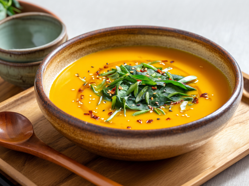 Eine japanische Kürbissuppe in einer Keramikschale auf einem Holzbrett. Im Hintergrund sieht man noch 2 leere Schalen und eine Schale mit Spinat.