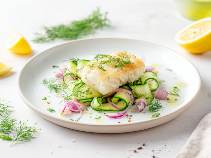 Kabeljau mit Gurkensalat auf einem flachen Teller. Um das Gericht verteilt liegt etwas frischer Dill, Zitronenstücke und ein beiges Küchentuch.