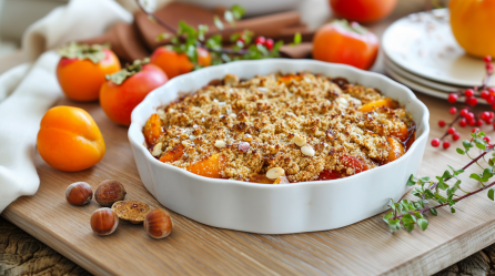 Ein Kaki-Pflaumen-Crumble in einer runden, weißen Auflaufform. Links daneben liegen einige Haselnüsse. Der Hintergrund ist voller Kakis. Rechts im Bild ist sind ein paar Zweige zur Deko zu sehen.