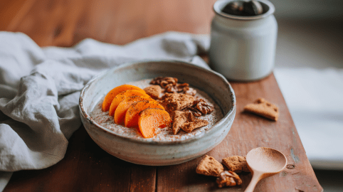 Eine Schale Kaki Spekulatius Porridge auf einem Holztisch. Rechts daneben liegen einige Spekulatiuskeks-Stücke und ein Löffel. Links liegt ein Küchentuch. Im Hintergrund ist ein kleiner Keramikbehälter zu sehen.