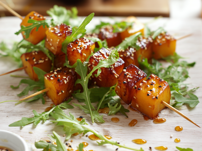 Drei karamellisierte Steckrübenspieße auf einem Holzbrett. Sie glänzen und sind mit Sesamkörnern bestreut. Dazu sind sie mit Rucola garniert.