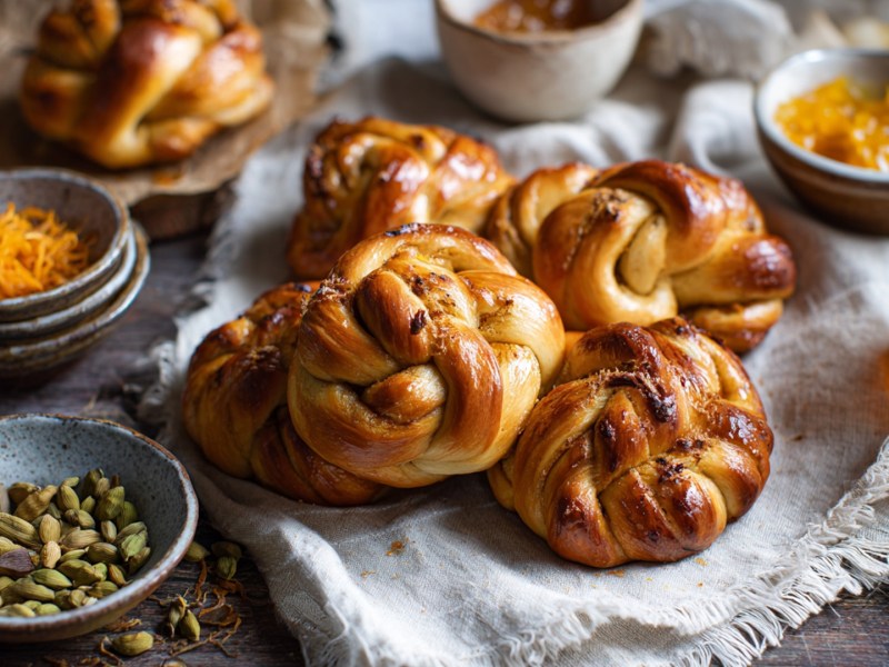 Einige Kardamom-Orangen-Knoten, die auf einer hellen, rustikalen lose drapierten Tischdecke liegen. Ringsum stehen verschiedene kleine Schalen, die mit grünen Kardamomkapseln, Orangenabrieb und einer Marmelade gefüllt sind. Außerdem steht auch noch ein Glas mit Marmelade im Bild.