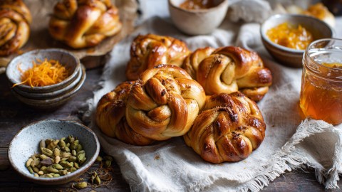 Einige Kardamom-Orangen-Knoten, die auf einer hellen, rustikalen lose drapierten Tischdecke liegen. Ringsum stehen verschiedene kleine Schalen, die mit grünen Kardamomkapseln, Orangenabrieb und einer Marmelade gefüllt sind. Außerdem steht auch noch ein Glas mit Marmelade im Bild.
