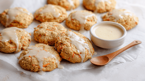 Mehrere Karottenkekse liegen auf einem weißen Stück Backpapier. Sie sind mit einer Glasur überzeugen, die in einem Schälchen bei ihnen steht. Daneben liegt ein kleiner Holzlöffel.