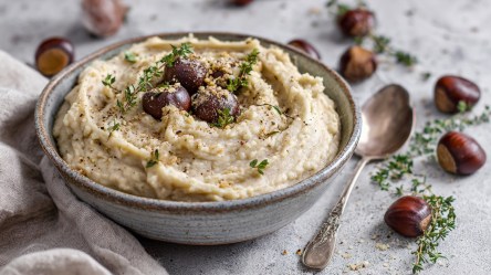 Eine große Schüssel mit Kartoffel-Maronen-Püree, das mit frischen Maronen und frischem Thymian garniert ist. Ringsum liegen ein alter Löffel, frischer Thymian, frische Maronen und ein Stofftuch als Deko drapiert.
