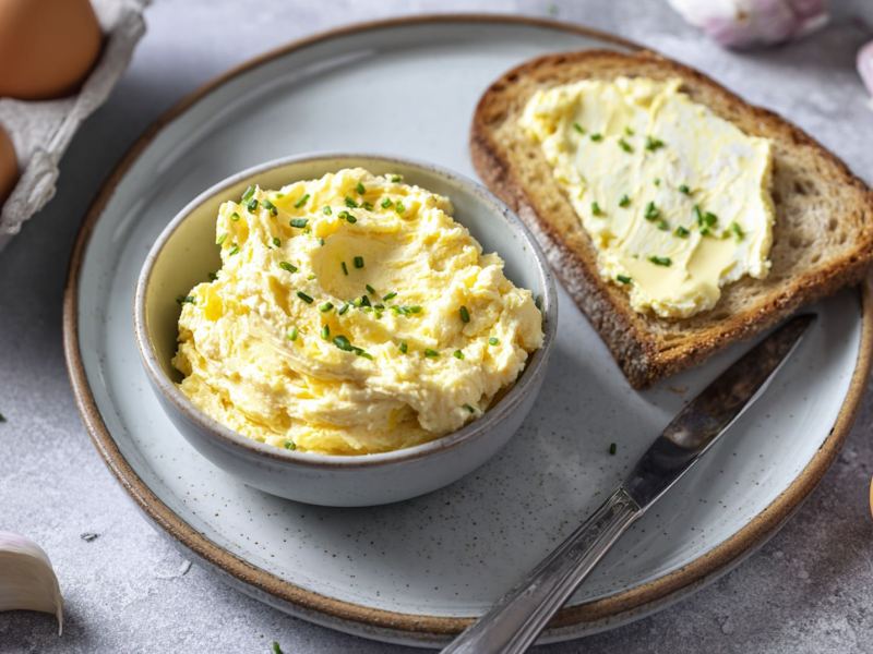 EIne Schale Knoblauch-Ei-Aufstrich, daneben ein Brot, das mit diesem bestrichen wurde.