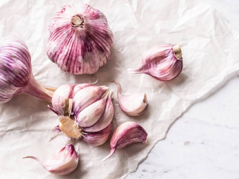 Knoblauchknollen auf einem Tisch