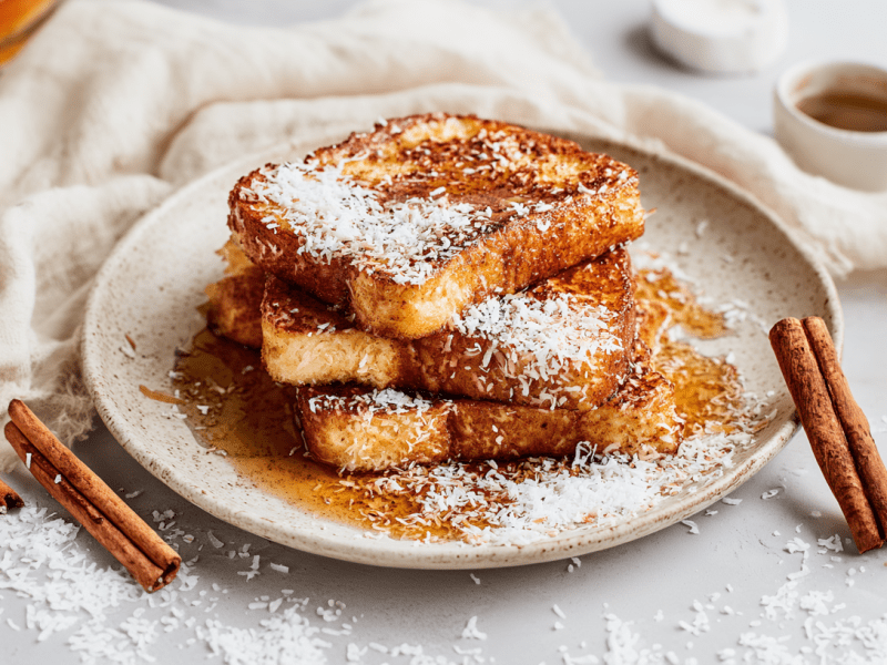Drei Scheiben Kokos-French-Toast liegen gestapelt auf einem Teller. Sie sind mit Ahornsirup und Kokosraspeln garniert. Neben dem Teller liegen einige Zimtstangen. Im Hintergrund sieht man eine Tasse Kaffee und eine Kokosnuss.