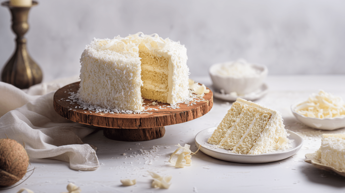Ein Kokoskuchen mit weißer Schokolade auf einem Kuchenständer aus Holz. Davor liegt ein herausgeschnittenes Stück, welches den Blick auf die cremige Füllung und die Teigschichten freigibt.