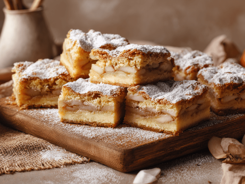 Kolač od jabuka: kroatischer Apfelkuchen auf einem Holzbrett.