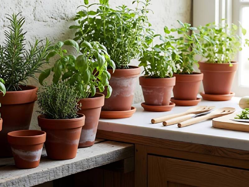 Kräuter in Töpfen auf einer Fensterbanl