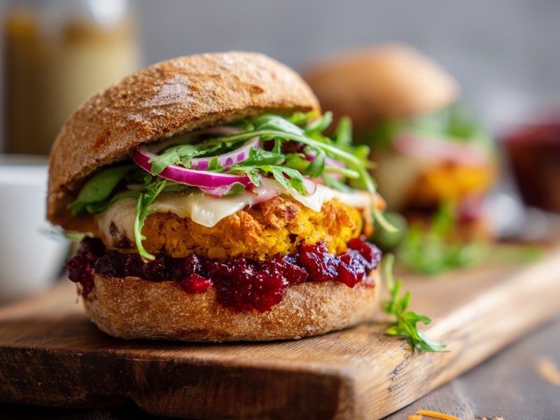 Ein Kürbis-Burger, der auf einem Holzbrett liegt. Im Hintergrund kann man verschwommen einen weiteren Burger erkennen.