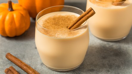 Zwei Gläser Kürbis-Eierlikör mit Zimtstange.