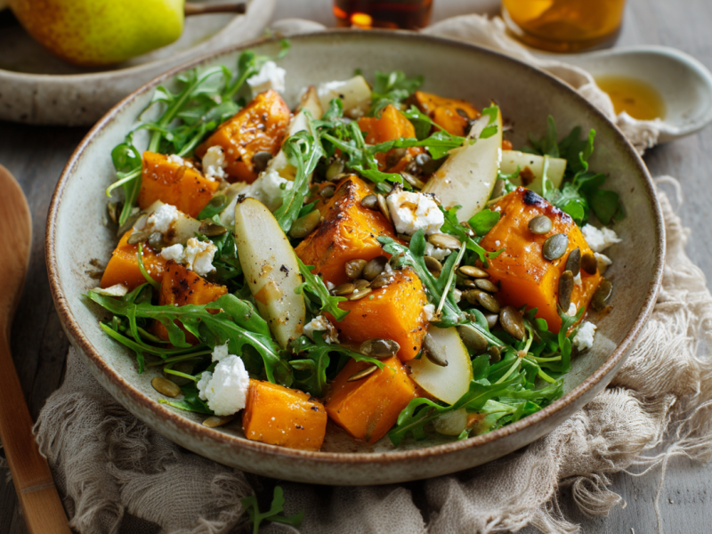 Eine Schale Kürbis-Feta-Salat auf einem beigen Tuch auf einem grauen Holztisch. Links neben der Schüssel liegt ein Holzlöffel. Am oberen Bildrand sieht man eine Birne und mehrere Dressingzutaten.