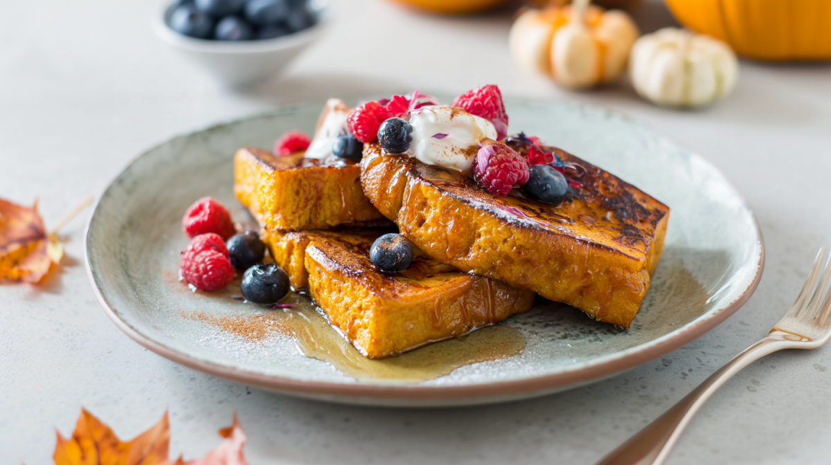 Drei Scheiben Kürbis-French-Toast liegen auf einem rustikalen Keramikteller. Sie sind mit Ahornsirup übergossen und mit Beeren und einem Klecks Joghurt garniert. Im Hintergrund sieht man ein paar Kürbisse, vor und neben dem Teller liegen zwei Blätter.