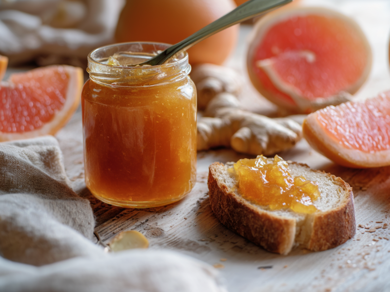 Ein Glas Kürbis-Grapefruit-Marmelade. Daneben liegt ein Brot mit der Marmelade bestrichen. Drumherum liegen Grapefruits und ein Stück Ingwer.