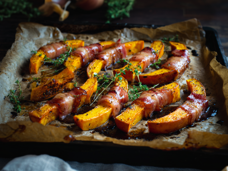 Ein Backblech voller Kürbis im Speckmantel. Zwischen den Kürbisspalten liegen mehrere Thymianzweige. Im Hintergrund sieht man noch einen Kürbis und frische Kräuter.