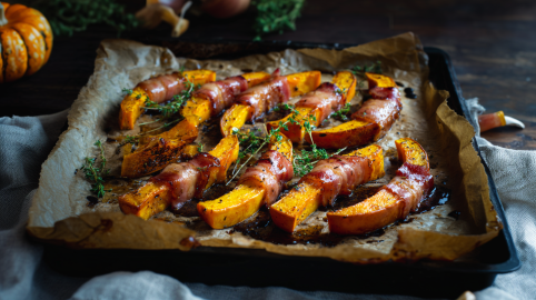 Ein Backblech voller Kürbis im Speckmantel. Zwischen den Kürbisspalten liegen mehrere Thymianzweige. Im Hintergrund sieht man noch einen Kürbis und frische Kräuter.