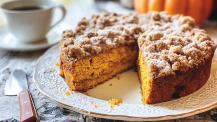 Ein angeschnittener Kürbis-Kaffeekuchen mit Zimtstreuseln. Im Hintergrund sind eine Tasse Kaffee und ein Kürbis zu sehen.