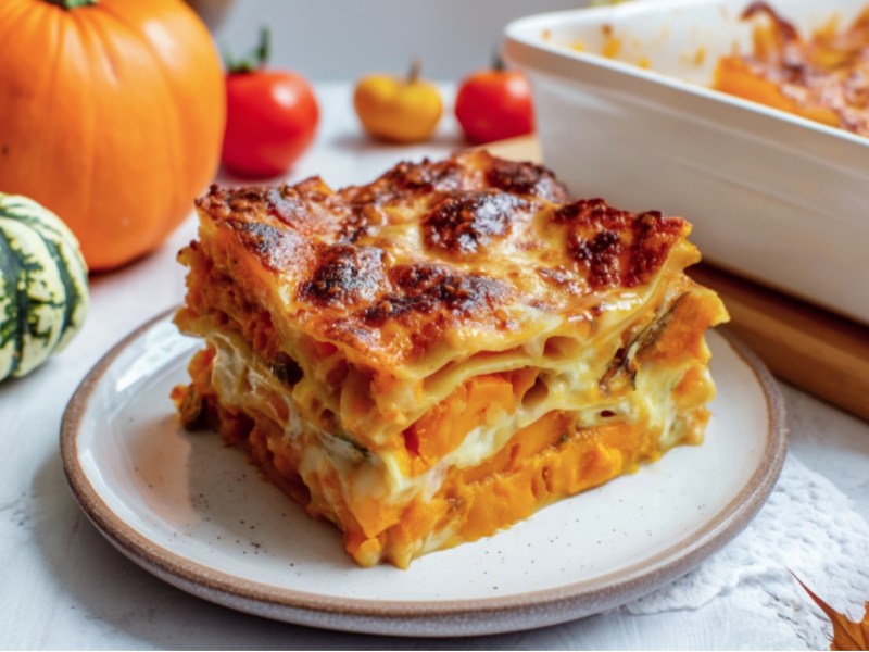 Ein Stück vegetarischen Kürbis-Lasagne auf einem Teller.