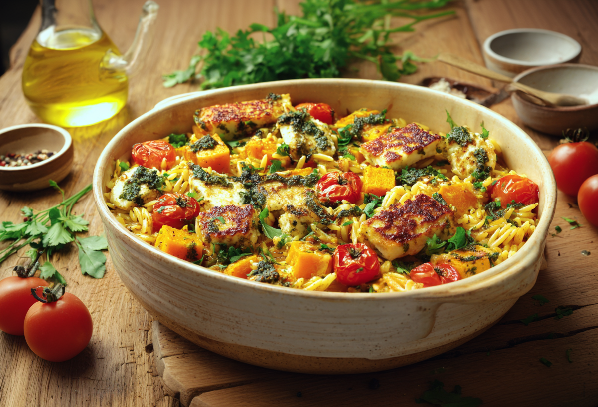 Eine Auflaufform mit Kürbis-Orzo-Auflauf mit Halloumi. Außen herum liegen frische Zutaten wie Tomaten, Kräuter und Knoblauch.