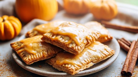 Ein Teller mit einem Stapel Kürbis-Pop-Tarts. Ringsum liegen einige Deko-Kürbisse und ein paar Zimtstangen verteilt.