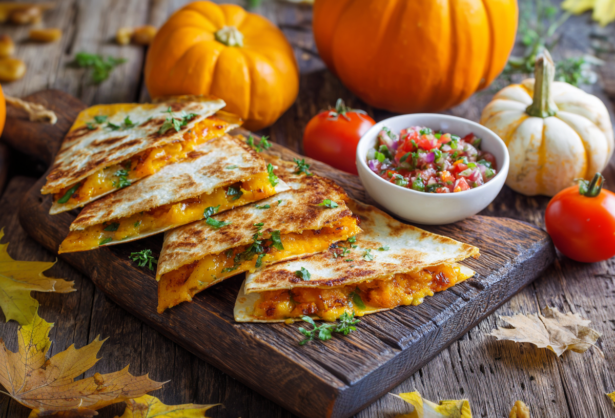 Vier Kürbis-Quesadillas liegen auf einem dunklen Holzbrett. Direkt daneben steht eine Schale mit Salsa. Das Brett ist herbstlich dekoriert. Im Hintergrund liegen mehrere Kürbisse, im Vordergrund etwas herbstliches Laub.