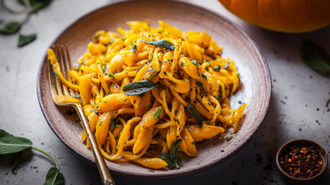 Ein Teller mit Kürbis-Scherennudeln mit Salbei und Chili. Auf dem Teller liegt eine Gabel. Daneben steht ein kleines Schälchen mit Chiliflocken.